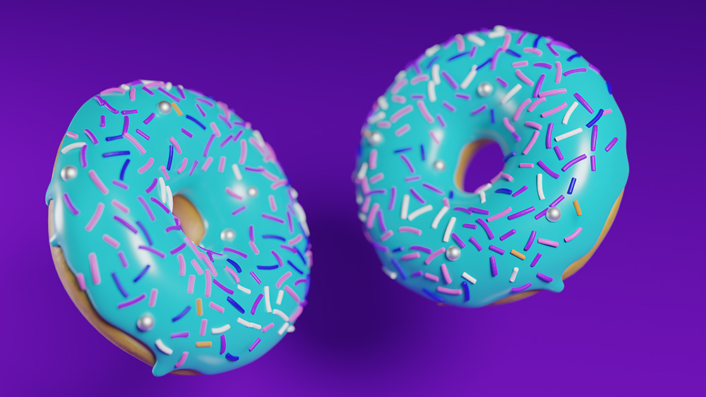 Two teal donuts rotating in front of purple background | 3D Render artist in Phnom Penh, Cambodia