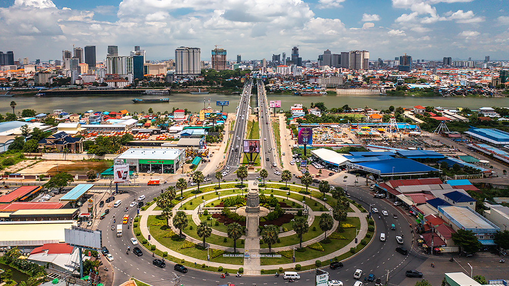 Aerial view of Chroy Changvar bridge and roundabout in Phnom Penh | Drone Photography in Cambodia
