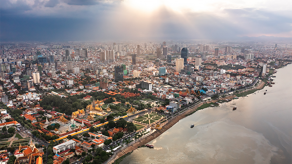Phnom Penh skyline view with Royal Palace and the riverfront | Aerial Photography in Cambodia