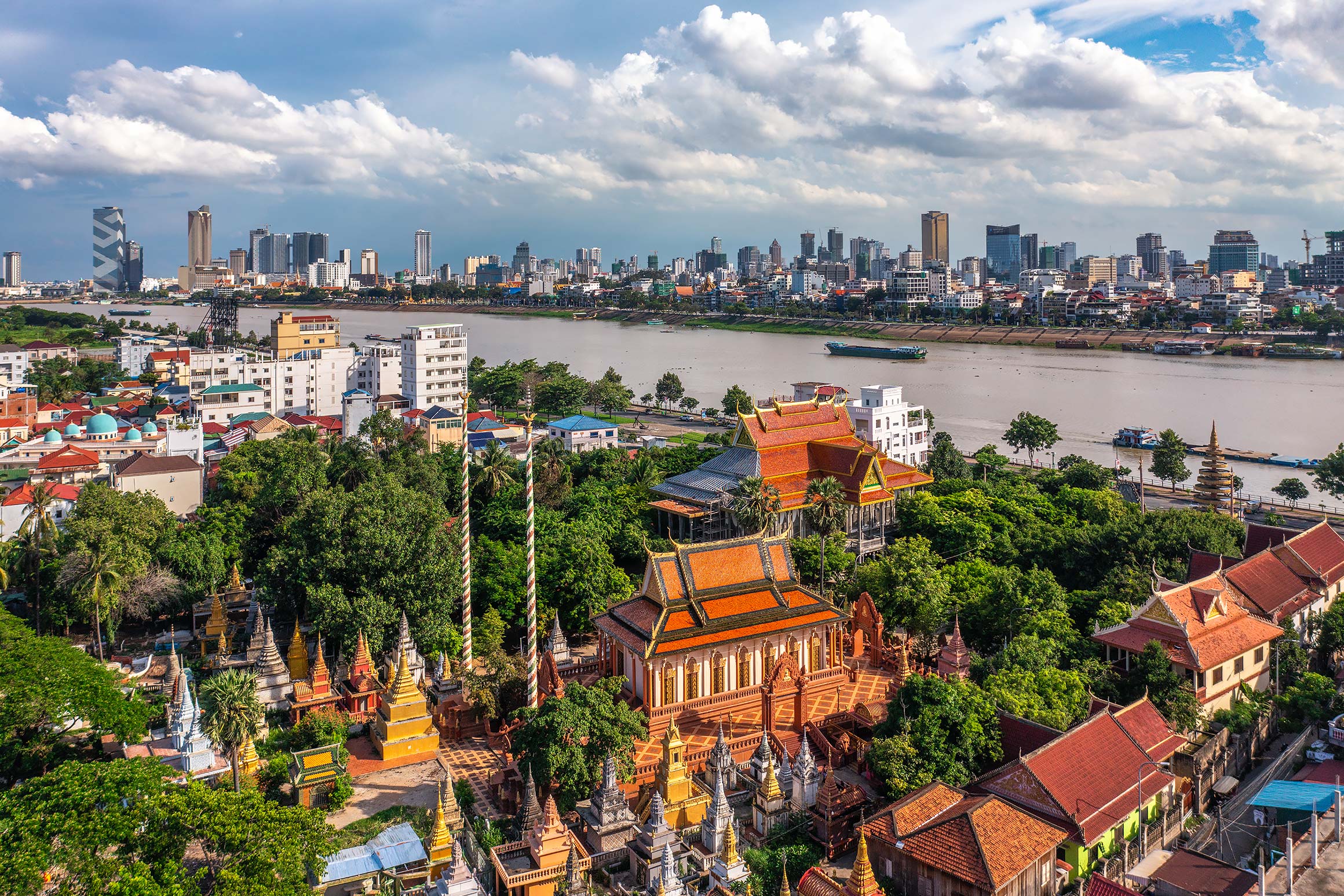 Pagoda and river views from Chroy Changvar in Phnom Penh | Drone Aerial Photographer in Cambodia