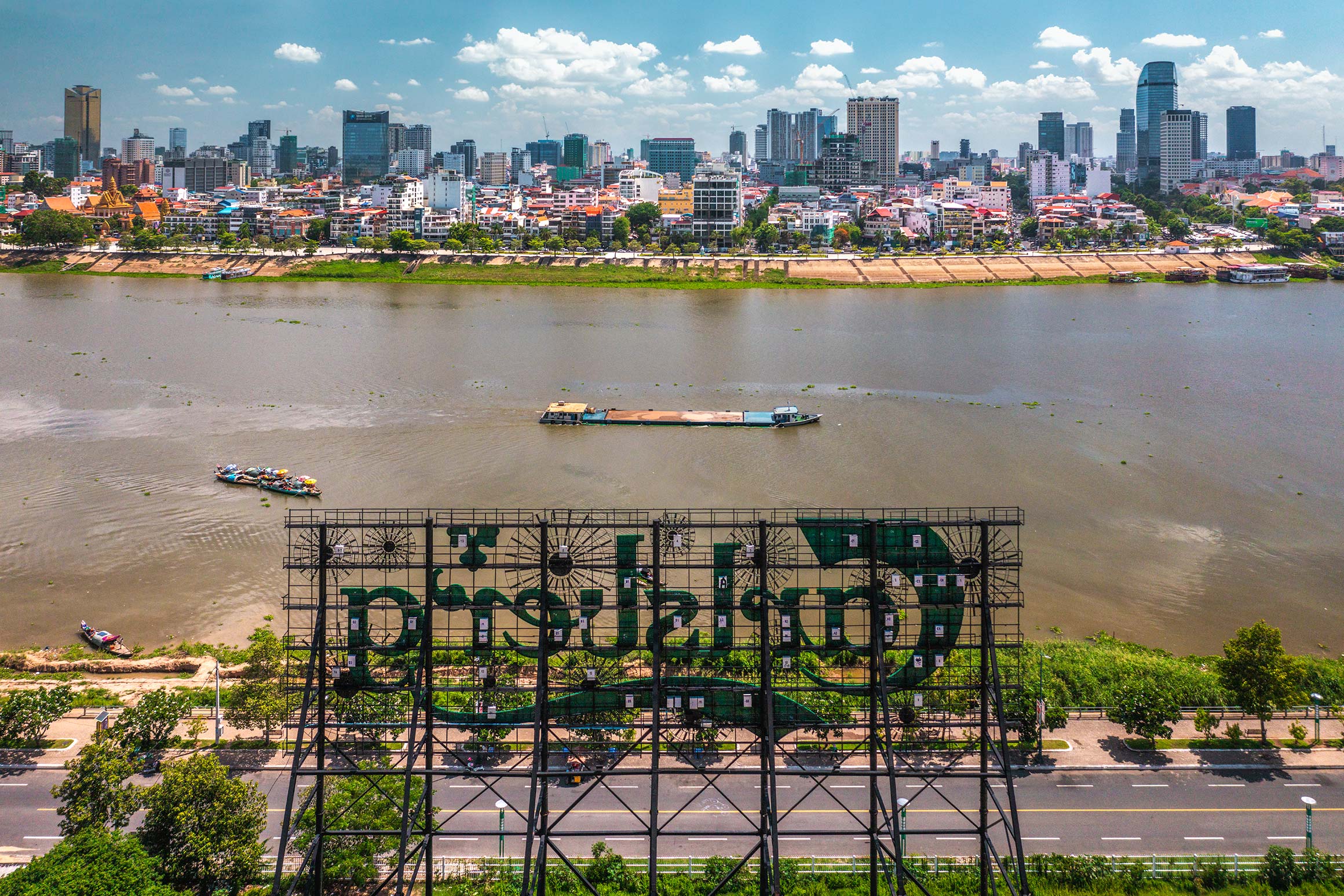 Aerial view of Phnom Penh riverfront and city skyline | Drone Photographer in Cambodia