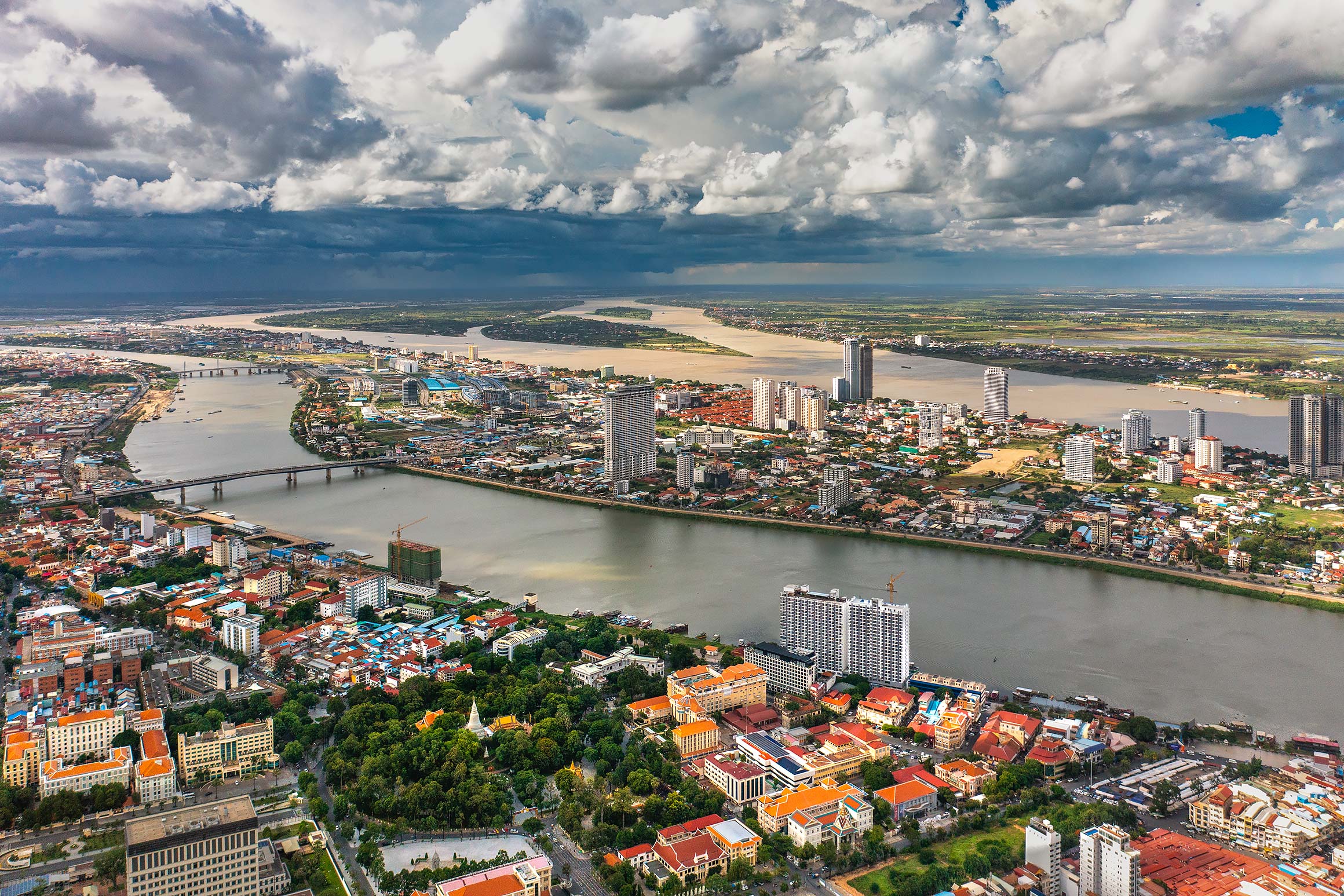 Aerial view of Wat Phnom, Tonle Sap and Mekong rivers in Phnom Penh | Freelance Drone Operator in Cambodia